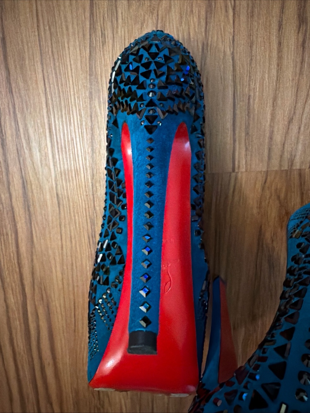 Christian Louboutin Decora Strass Teal Blue Suede Crystal Platform Pumps 38 - Picture 11 of 13